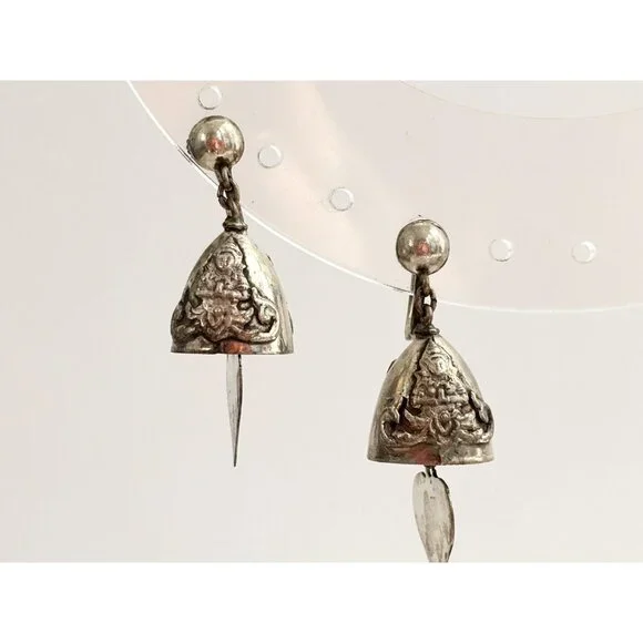 Siam Sterling Silver Vintage Screw Back Bells Hearts Charm Earrings - Picture 3 of 10